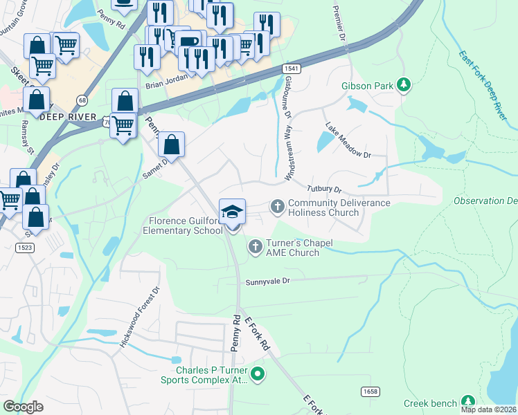 map of restaurants, bars, coffee shops, grocery stores, and more near 7613 Horney Road in High Point
