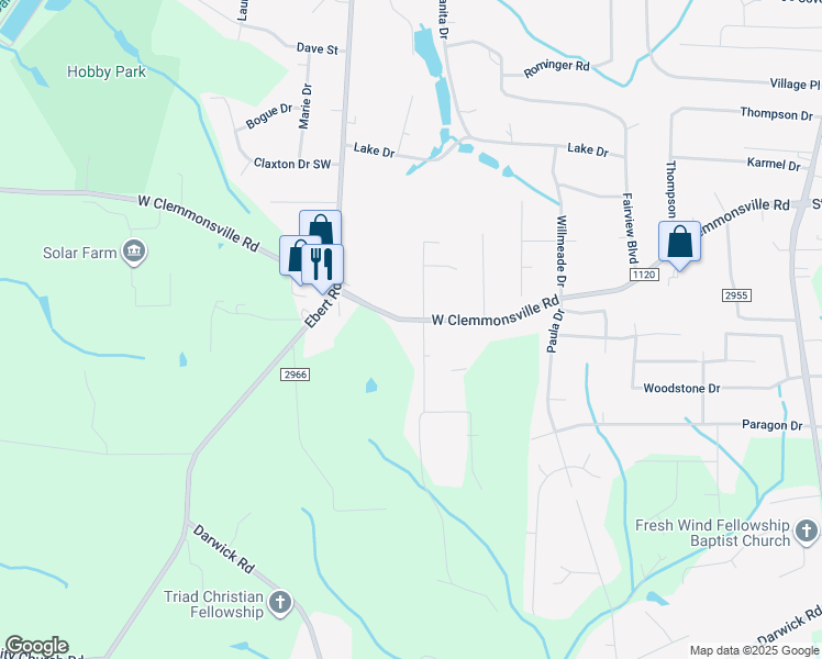 map of restaurants, bars, coffee shops, grocery stores, and more near 2050 West Clemmonsville Road in Winston-Salem
