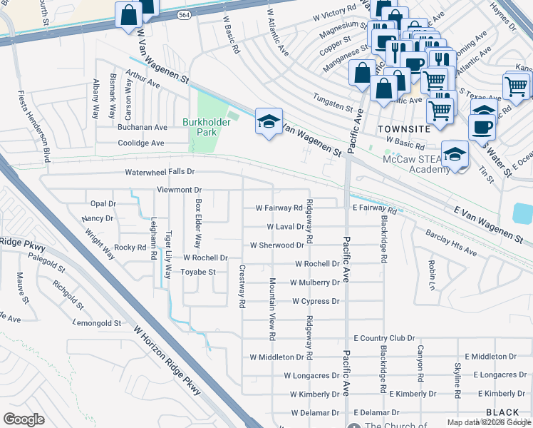 map of restaurants, bars, coffee shops, grocery stores, and more near 260 West Laval Drive in Henderson