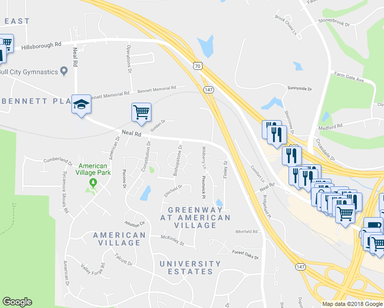 map of restaurants, bars, coffee shops, grocery stores, and more near 27 Astor Court in Durham