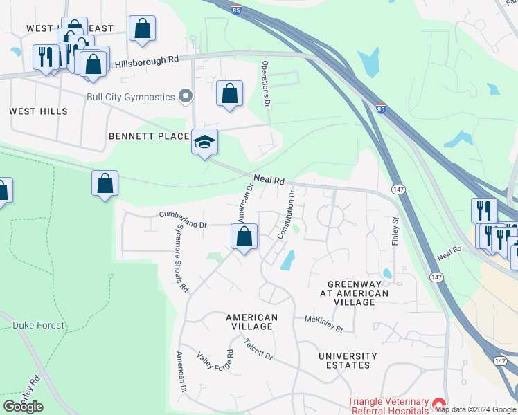 map of restaurants, bars, coffee shops, grocery stores, and more near 217 Mount Evans Drive in Durham