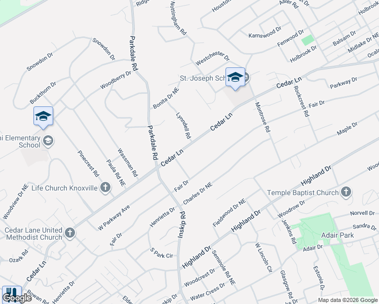 map of restaurants, bars, coffee shops, grocery stores, and more near 1508 Cedar Lane in Knoxville
