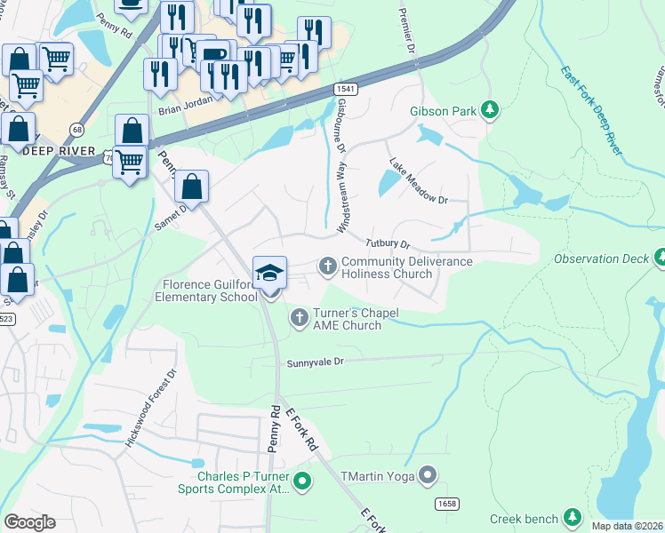 map of restaurants, bars, coffee shops, grocery stores, and more near 7605 Horney Road in High Point