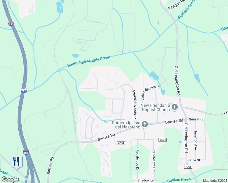 map of restaurants, bars, coffee shops, grocery stores, and more near 4054 Meredith Woods Lane in Winston-Salem