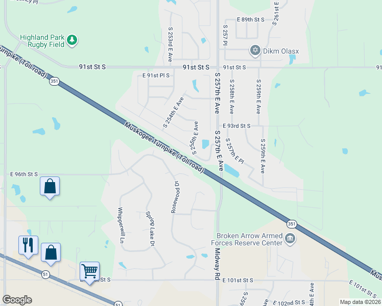 map of restaurants, bars, coffee shops, grocery stores, and more near 9378 South 255th East Avenue in Broken Arrow