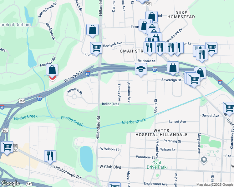 map of restaurants, bars, coffee shops, grocery stores, and more near 2217 Tampa Avenue in Durham