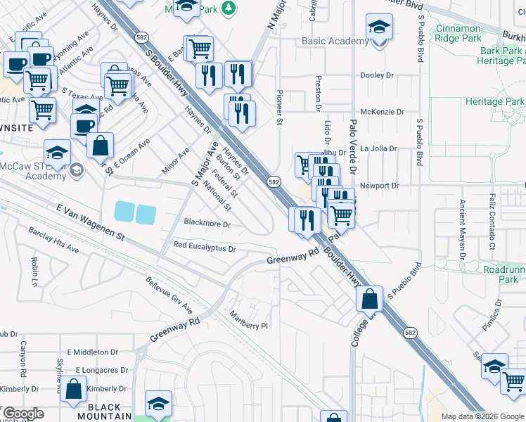 map of restaurants, bars, coffee shops, grocery stores, and more near 636 Burton Street in Henderson