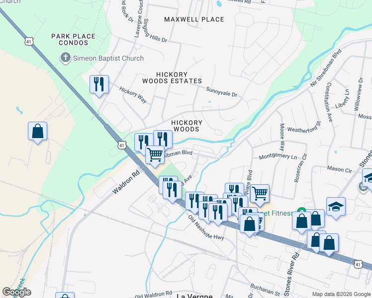 map of restaurants, bars, coffee shops, grocery stores, and more near 4034 Nir Shreibman Boulevard in La Vergne