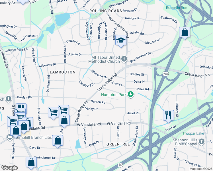 map of restaurants, bars, coffee shops, grocery stores, and more near 3139 Creek Ridge Road in Greensboro