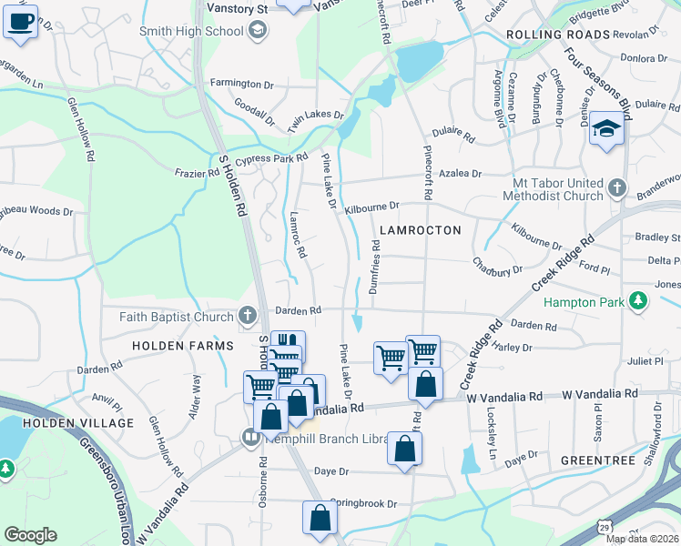 map of restaurants, bars, coffee shops, grocery stores, and more near 2622 Pine Lake Drive in Greensboro