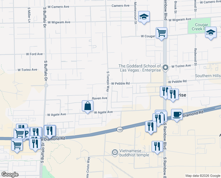 map of restaurants, bars, coffee shops, grocery stores, and more near 8933 Lucky Crest Street in Enterprise
