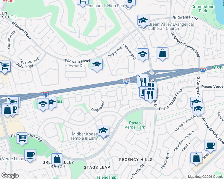 map of restaurants, bars, coffee shops, grocery stores, and more near 17 Mesquite Village Circle in Henderson
