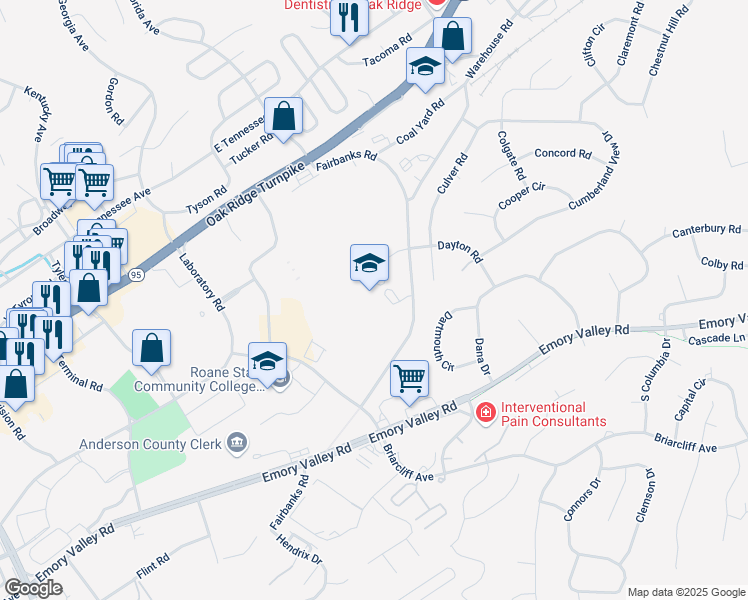 map of restaurants, bars, coffee shops, grocery stores, and more near 200 Fairbanks Road in Oak Ridge