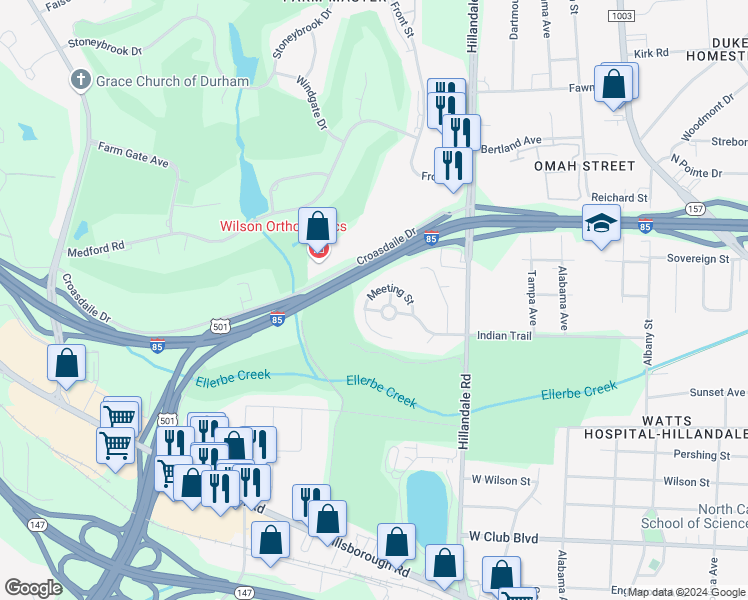map of restaurants, bars, coffee shops, grocery stores, and more near 1904 Meeting Street in Durham