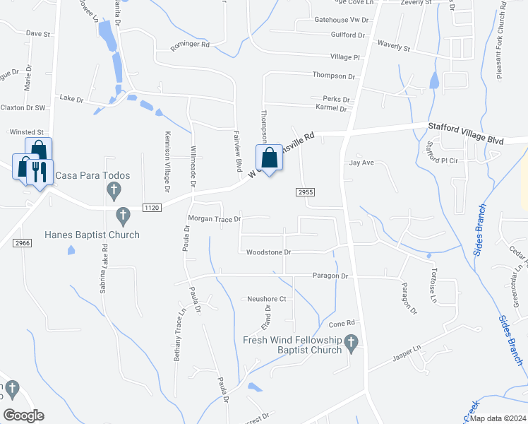 map of restaurants, bars, coffee shops, grocery stores, and more near 1835 Morgan Trace Drive in Winston-Salem