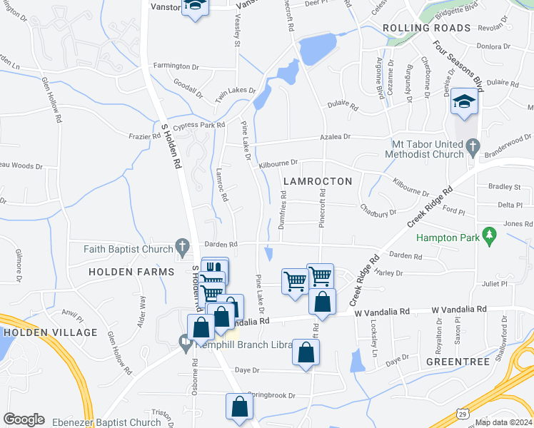 map of restaurants, bars, coffee shops, grocery stores, and more near 2621 Pine Lake Drive in Greensboro