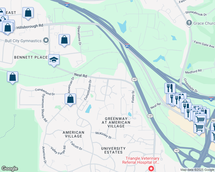 map of restaurants, bars, coffee shops, grocery stores, and more near 103 Mayfield Circle in Durham