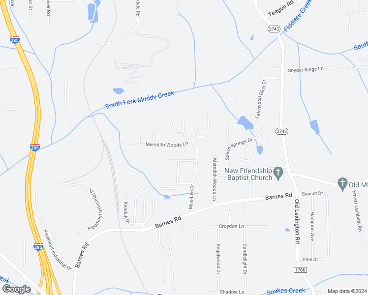 map of restaurants, bars, coffee shops, grocery stores, and more near 4082 Meredith Woods Lane in Winston-Salem
