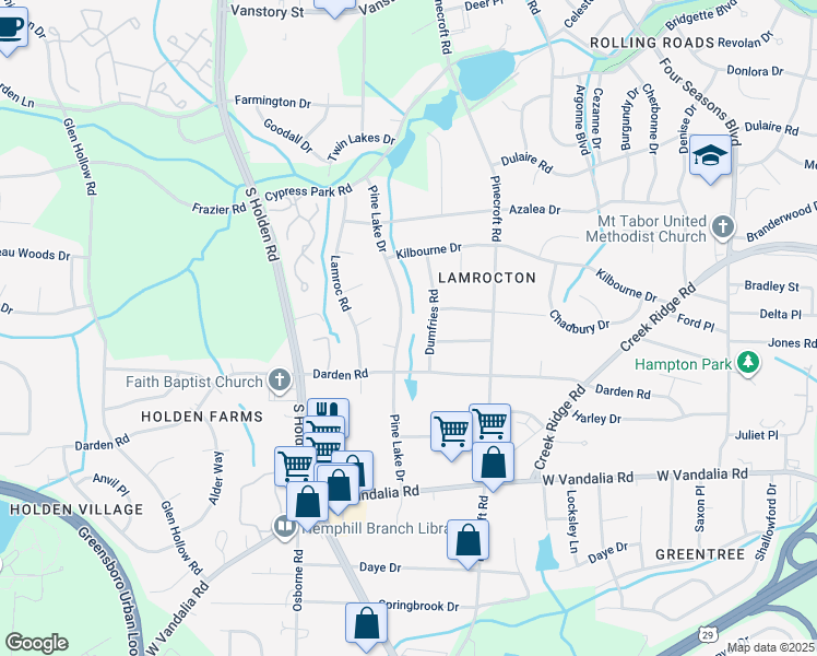 map of restaurants, bars, coffee shops, grocery stores, and more near 2621 Pine Lake Drive in Greensboro