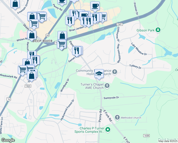 map of restaurants, bars, coffee shops, grocery stores, and more near 3531 Park Hill Crossing Drive in High Point