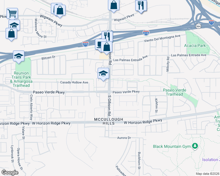 map of restaurants, bars, coffee shops, grocery stores, and more near South Gibson Road in Henderson