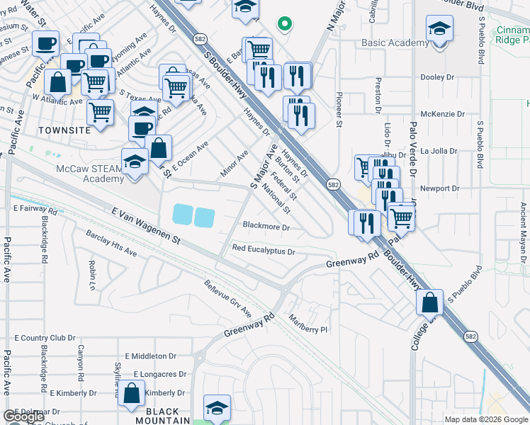 map of restaurants, bars, coffee shops, grocery stores, and more near 601 Blackmore Drive in Henderson
