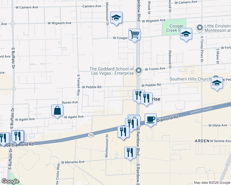 map of restaurants, bars, coffee shops, grocery stores, and more near 7051 West Pebble Road in Las Vegas