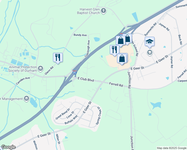 map of restaurants, bars, coffee shops, grocery stores, and more near 2511 East Club Boulevard in Durham