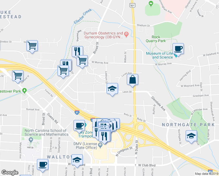 map of restaurants, bars, coffee shops, grocery stores, and more near 1100 Leon Street in Durham