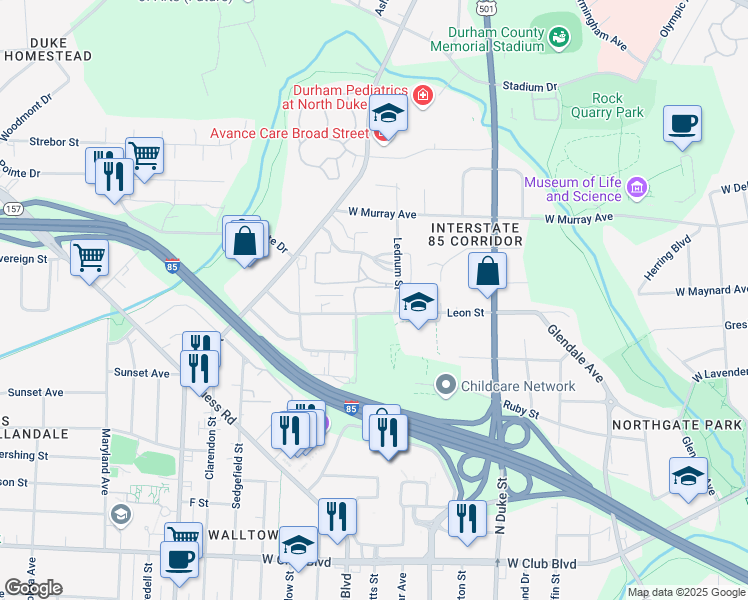 map of restaurants, bars, coffee shops, grocery stores, and more near in Durham