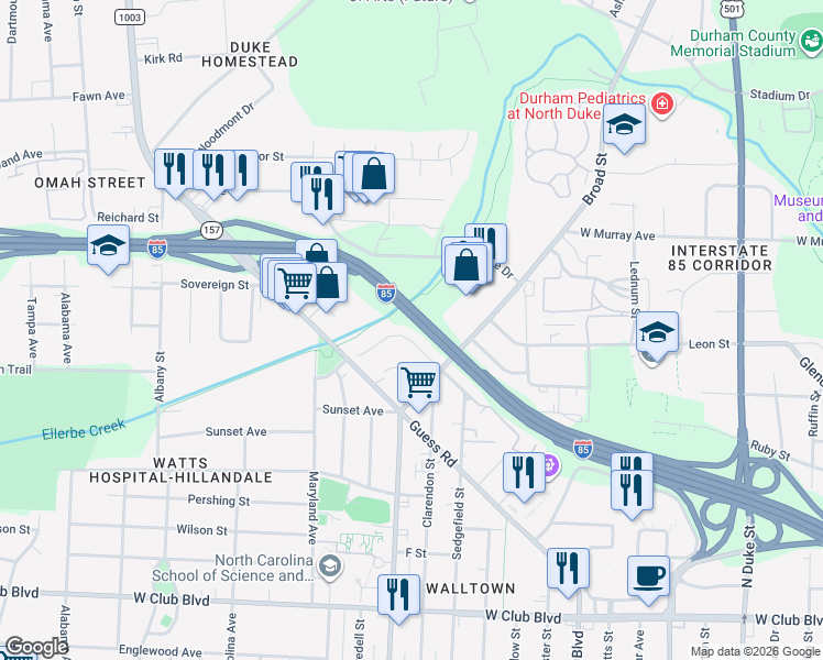 map of restaurants, bars, coffee shops, grocery stores, and more near 1810 Forest Road in Durham