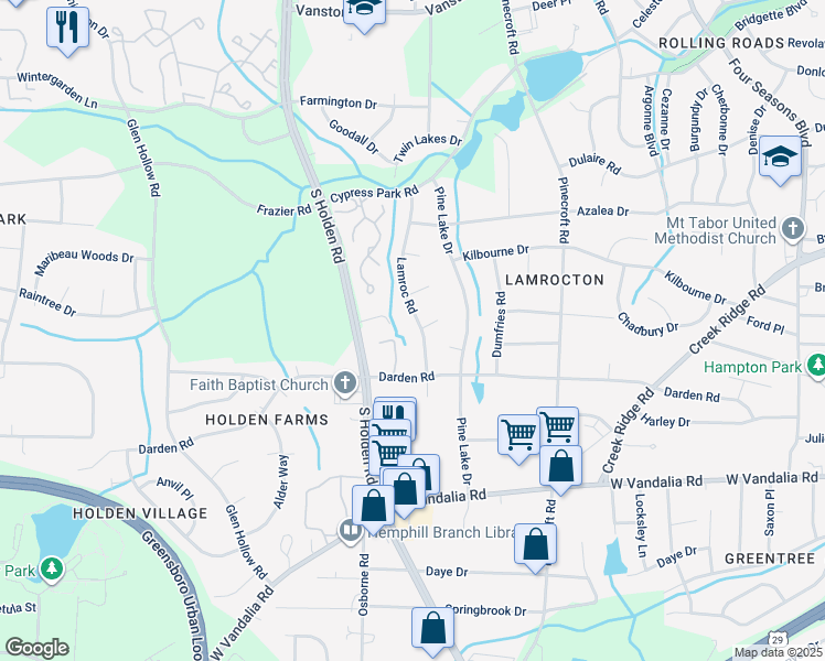 map of restaurants, bars, coffee shops, grocery stores, and more near 3009 South Holden Road in Greensboro