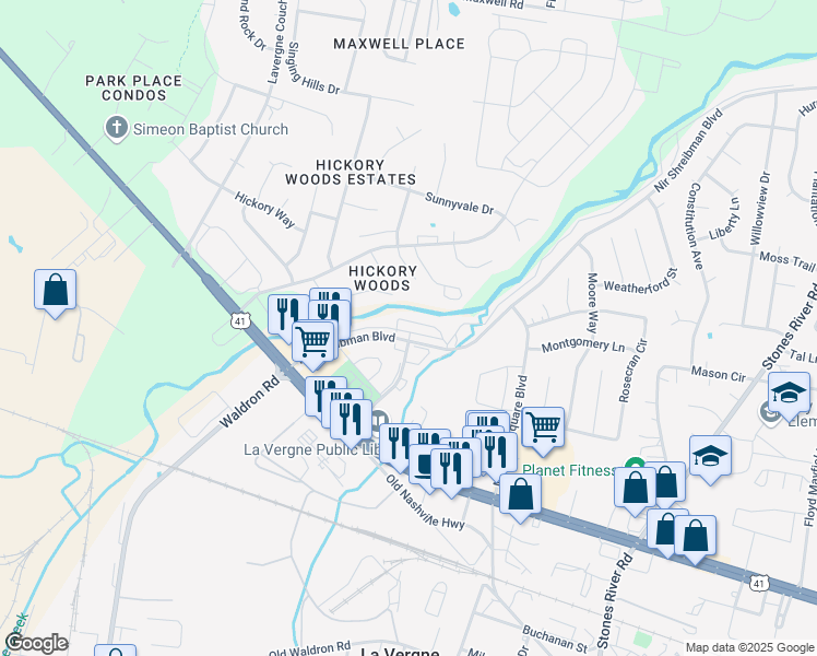 map of restaurants, bars, coffee shops, grocery stores, and more near 4106 Nir Shreibman Boulevard in La Vergne