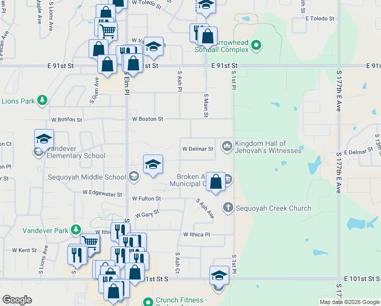 map of restaurants, bars, coffee shops, grocery stores, and more near 205 West Edgewater Street in Broken Arrow