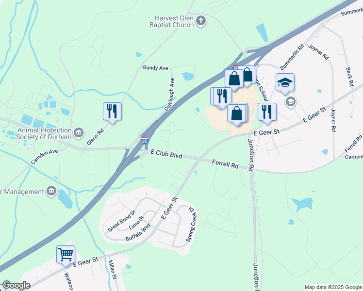 map of restaurants, bars, coffee shops, grocery stores, and more near 2511 East Club Boulevard in Durham