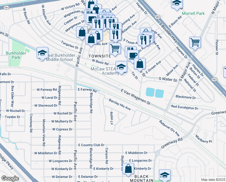 map of restaurants, bars, coffee shops, grocery stores, and more near 265 East Van Wagenen Street in Henderson