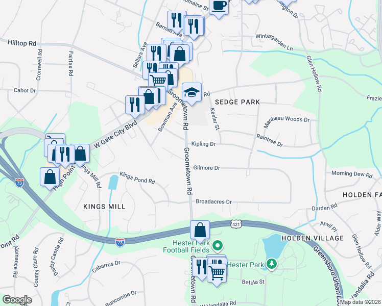 map of restaurants, bars, coffee shops, grocery stores, and more near 3115 Groometown Road in Greensboro