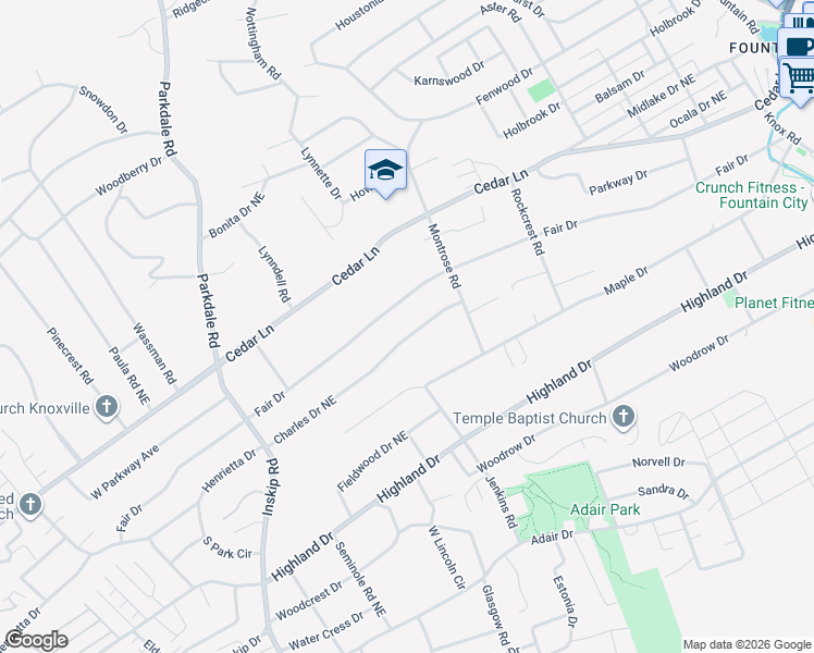 map of restaurants, bars, coffee shops, grocery stores, and more near 1612 Charles Drive Northeast in Knoxville