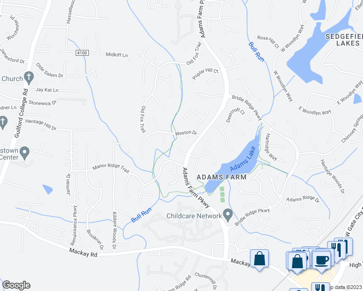 map of restaurants, bars, coffee shops, grocery stores, and more near 5504 Copper Hill Court in Greensboro