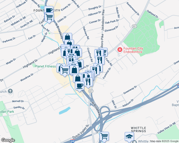 map of restaurants, bars, coffee shops, grocery stores, and more near 324 Adair Drive in Knoxville