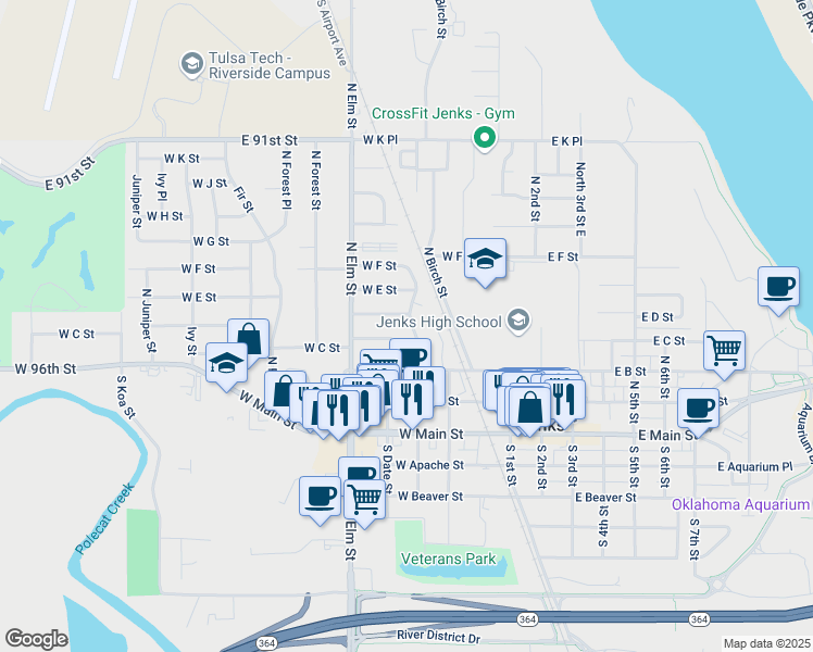 map of restaurants, bars, coffee shops, grocery stores, and more near 414 North Cedar Street in Jenks