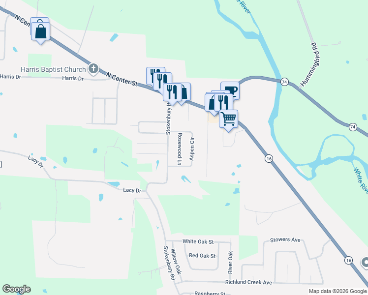 map of restaurants, bars, coffee shops, grocery stores, and more near 1355 Aspen Circle in Elkins