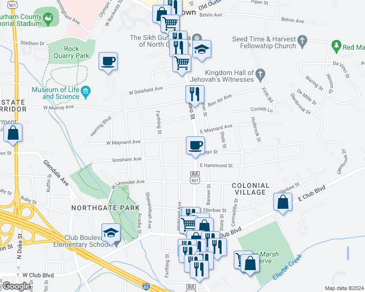 map of restaurants, bars, coffee shops, grocery stores, and more near 2718 Highland Avenue in Durham