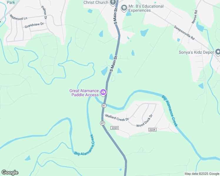 map of restaurants, bars, coffee shops, grocery stores, and more near 2132 South Main Street in Graham