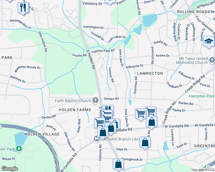 map of restaurants, bars, coffee shops, grocery stores, and more near 3011 South Holden Road in Greensboro