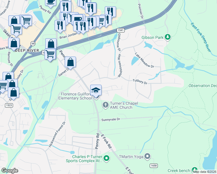map of restaurants, bars, coffee shops, grocery stores, and more near 7613 Horney Road in High Point