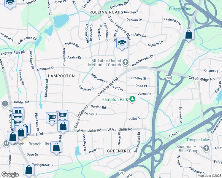map of restaurants, bars, coffee shops, grocery stores, and more near 2323 Ford Place in Greensboro