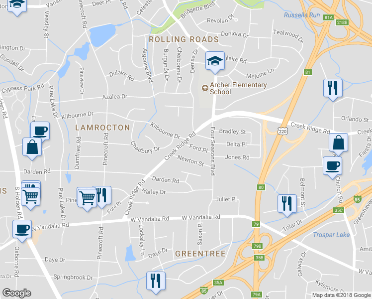map of restaurants, bars, coffee shops, grocery stores, and more near 2323 Ford Place in Greensboro