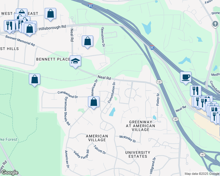 map of restaurants, bars, coffee shops, grocery stores, and more near 134 Constitution Drive in Durham