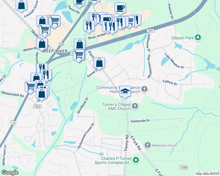 map of restaurants, bars, coffee shops, grocery stores, and more near 3531 Park Hill Crossing Drive in High Point